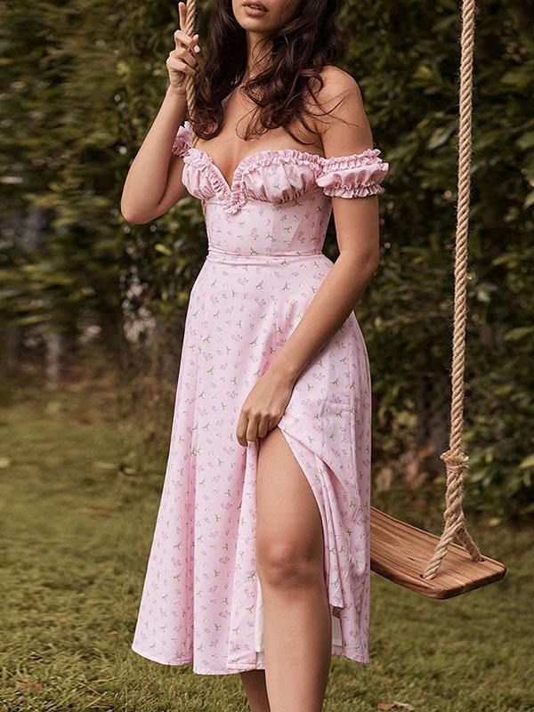 Women's Floral Print Elegant Sexy V-Neck Off Shoulder Dress A-line Pink Split Skirt - CHALIER