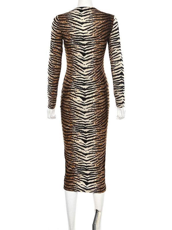 Women's Sexy Leopard Print Sheath Crew Neck Long-sleeve High Waist Midi Dress - CHALIER