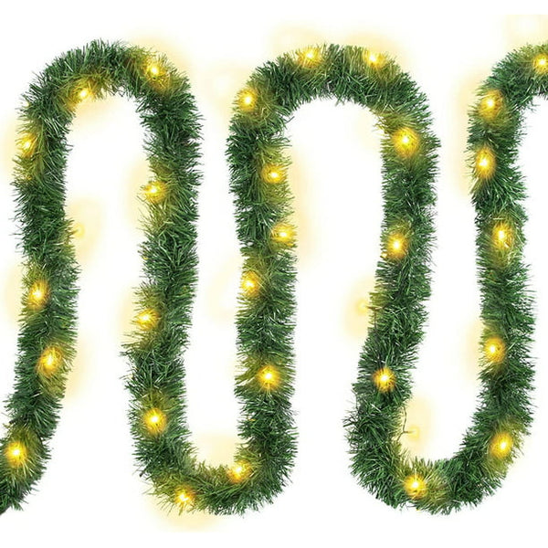 19.68 FT Lighted Christmas Garland Pre-lit Artificial Pine Green Garland with 60 LED Lights Light Up for Indoor Outdoor Home Gate Stair Garden Fireplaces Winter Holiday New Year Party