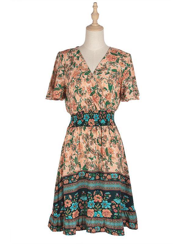 Women's Floral Dress High Waist V-neck Short-sleeved Bohemian Mini A-line Dress - CHALIER