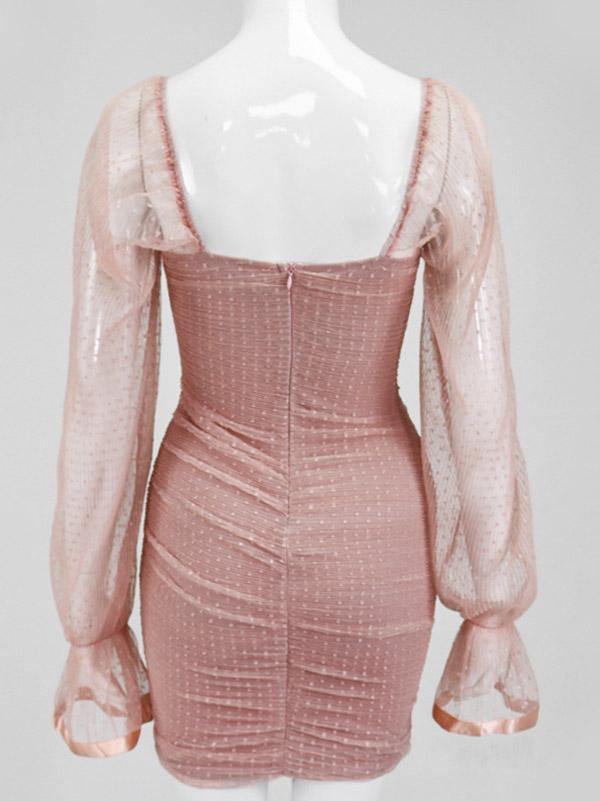 Women's Sexy Cute Chiffon Sheath Dress Polka Dots Net Sleeve Mini Pink Mini Dresses - CHALIER