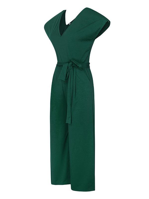 Women's Elegant  High Waist V-Neck Short Sleeve Jumpsuit Solid Color - CHALIER