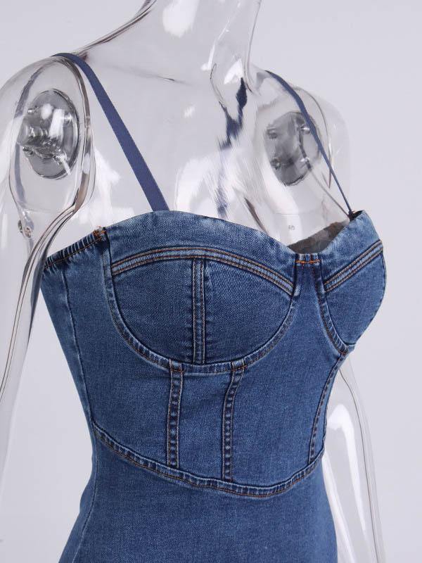 Women's Sexy Casual Denim Bodycon Slip Dress with Chest Pad and Rims Sheath Dress - CHALIER