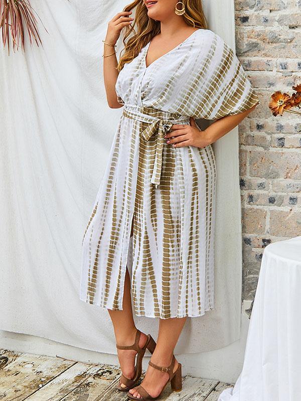 Women's Cotton Plus Size Slit Dress V-neck Waistband Holiday Maxi Dress - CHALIER