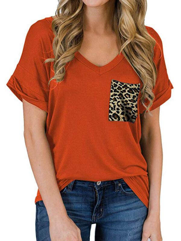 Ladies Leopard V-Neckline Short Sleeve Casual T-Shirt - CHALIER