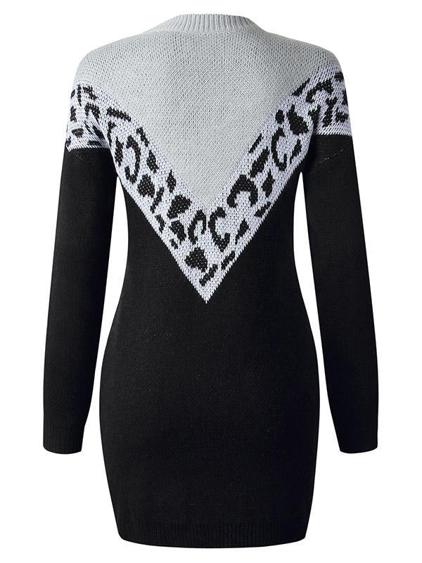 Women's Knitted Dress Leopard Print Round-Neck Long Sleeve Dress - CHALIER