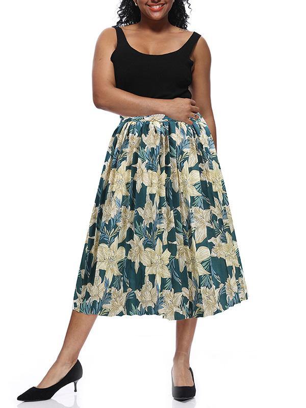 Women's Printed Chiffon Pleated Skirt Plus Size Midi Skirts - CHALIER