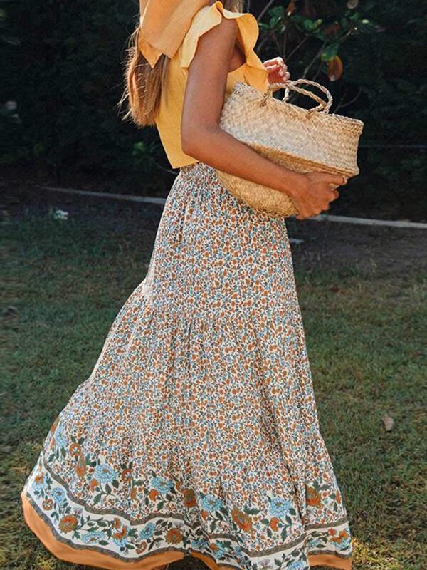Womens Bohemian Floral Printed Elastic Waist A Line Maxi Skirt - CHALIER