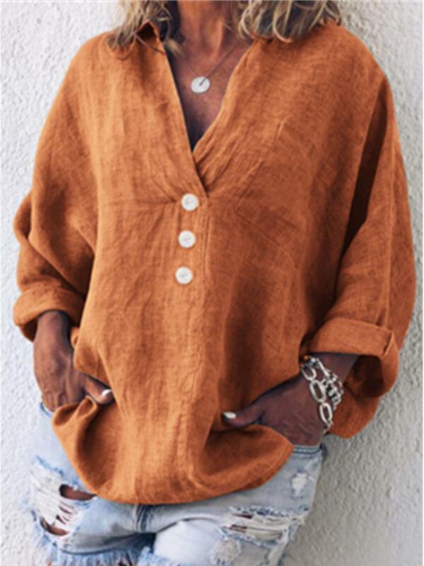 Women's Loose And Comfortable V-Neck Cotton And Linen T-shirt - CHALIER