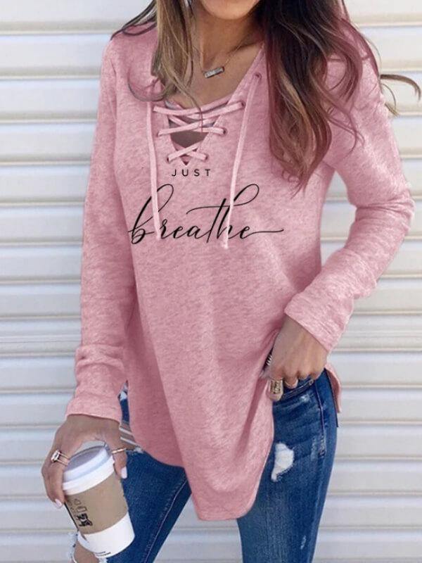 Women Letter Printed Bandage V-Neck Long Sleeve T-Shirt - CHALIER