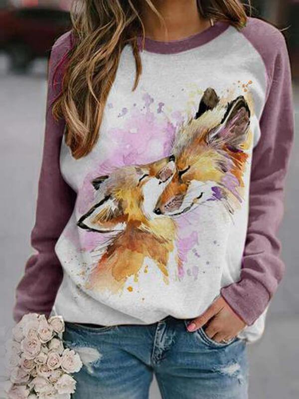 Women Watercolor Fox Mother's Love Print Casual Sweatshirt - CHALIER