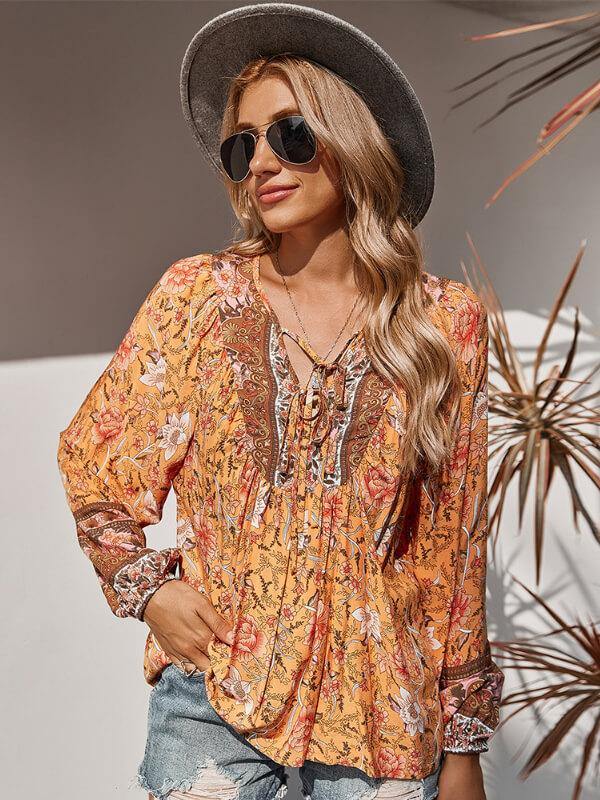 Women's V Neck Floral Printed Shirt&Top - CHALIER