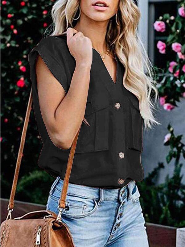 Women Solid Stand Collar Short Sleeve Blouse - CHALIER
