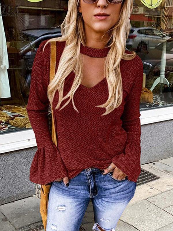 Womens Printed Bell Sleeve V Neck T-Shirt&Top - CHALIER