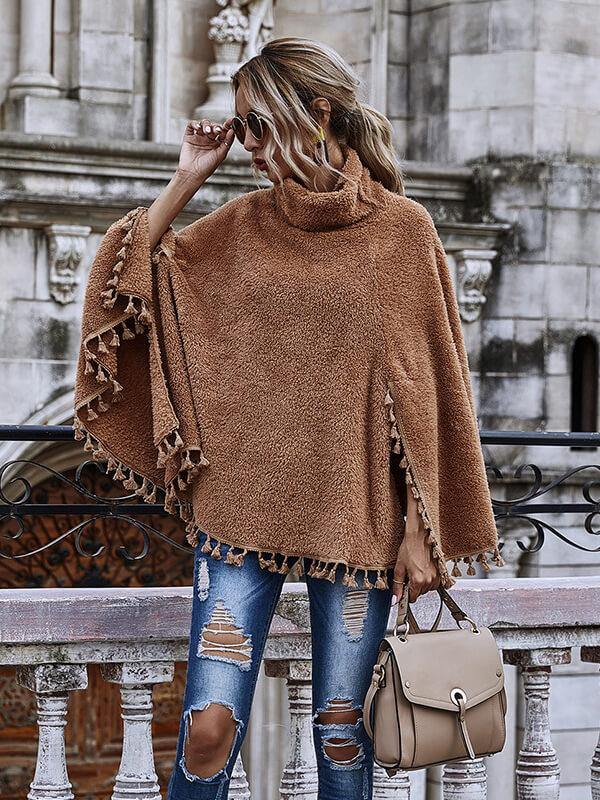 High Necked Fringe Hem Cape Long Sleeved Coat - CHALIER