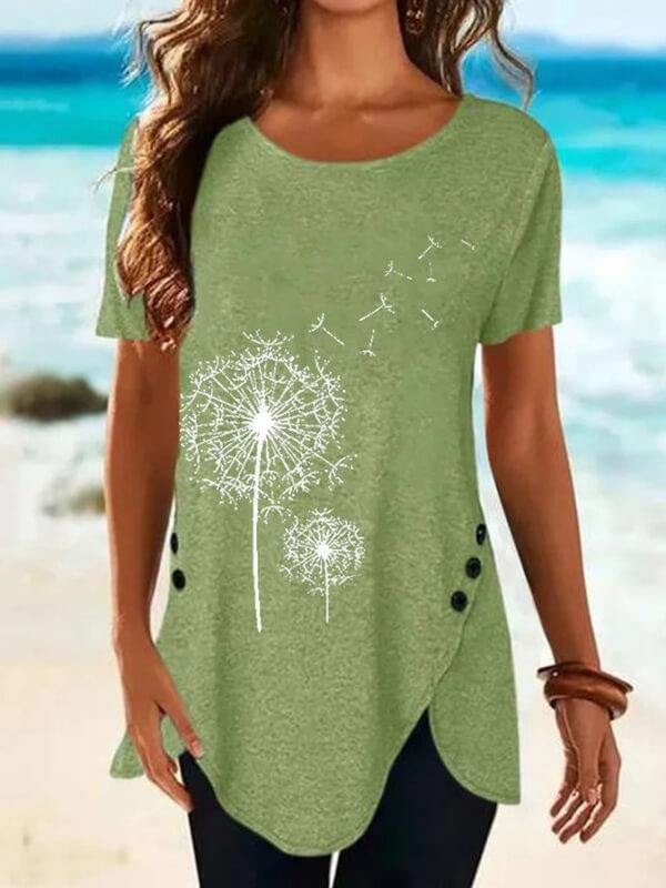 Women's Crew Neck Printed Short Sleeve Cotton-Blend Shirts & Tops - CHALIER