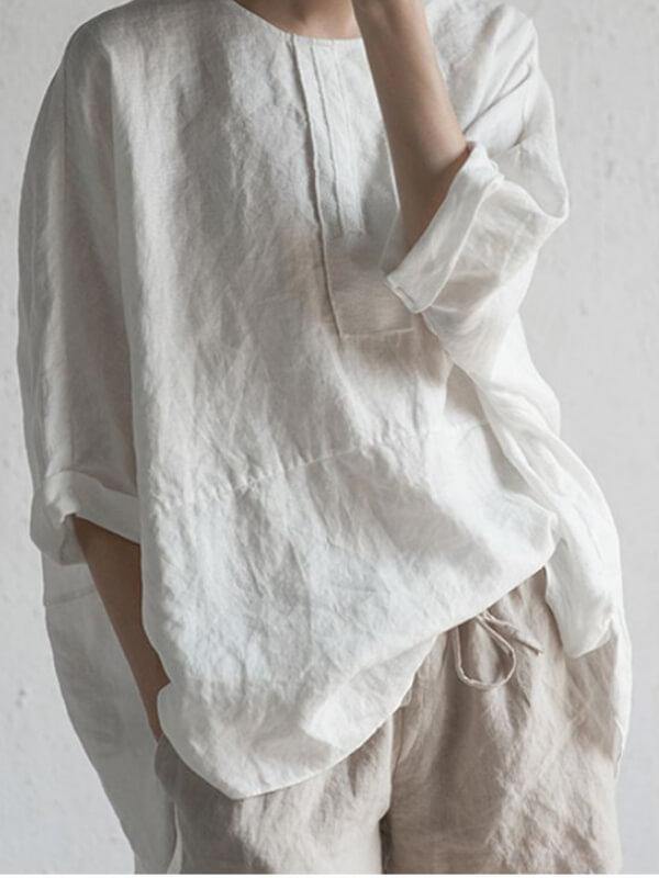 Womens Linen Half Sleeve Casual T-Shirt - CHALIER