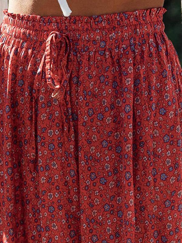 Women Elastic Waist Bohemian Floral Printed  A Line Maxi Skirt - CHALIER