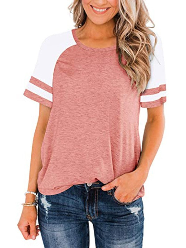 Women Stitch Striped Crew Neck Loose T-Shirt