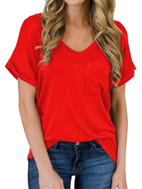 Women Cotton Solid V Neck Short Sleeve T-Shirt - CHALIER