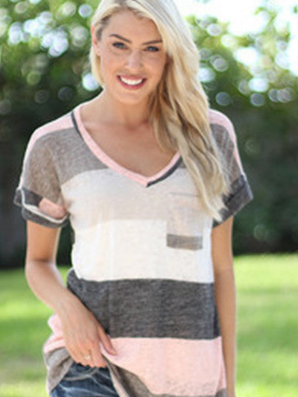 Women V Neck Striped Short Sleeve T-Shirt