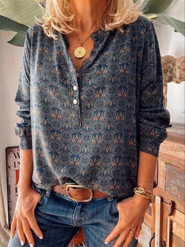 Women Floral Long Sleeve Casual Printed Shirt - CHALIER