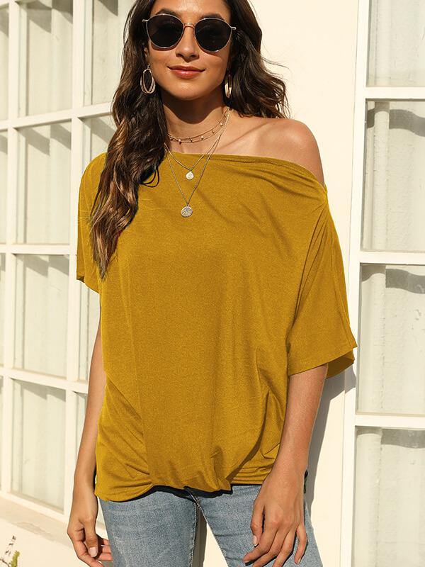 Off The Shoulder Loose Top Short Sleeve Casual T-Shirt - CHALIER