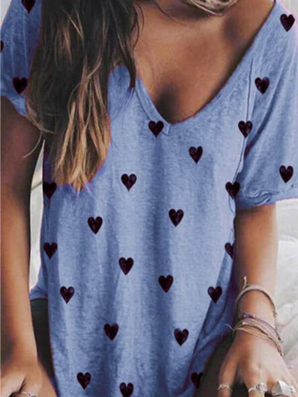 Women Casual V Neck Cotton-Blend Printed T-Shirt - CHALIER