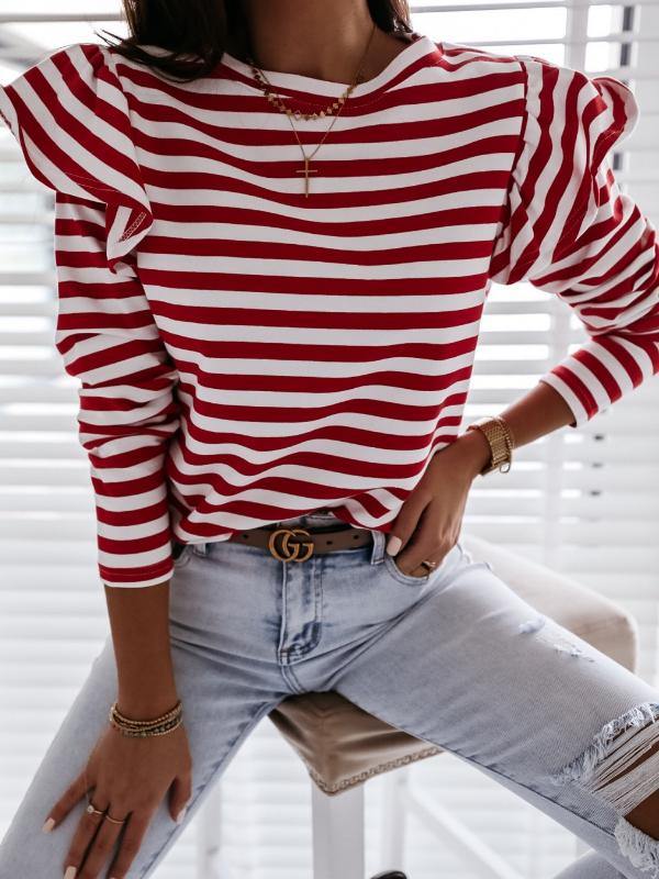 Womens Crew Neck Long Sleeve  Striped T-Shirt&Top - CHALIER