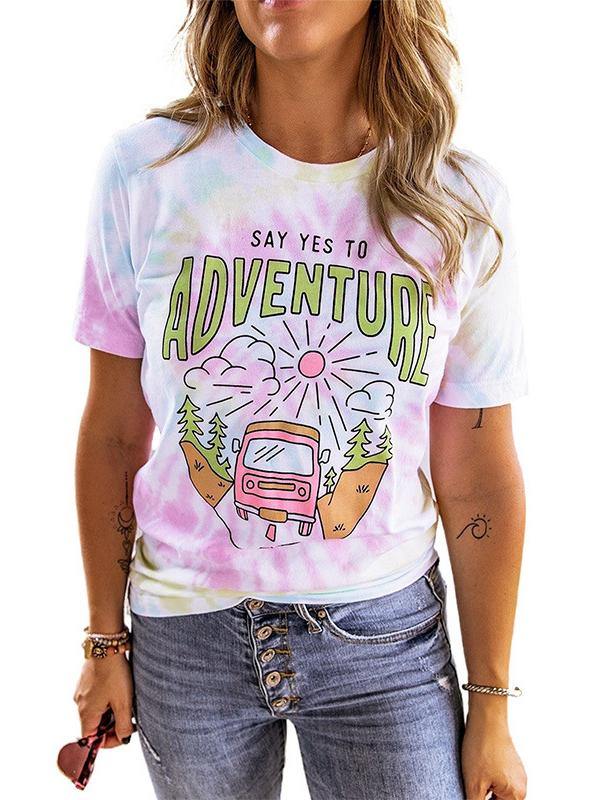 Women Cartoon Printed Tie Dye Short Sleeve T-Shirt - CHALIER