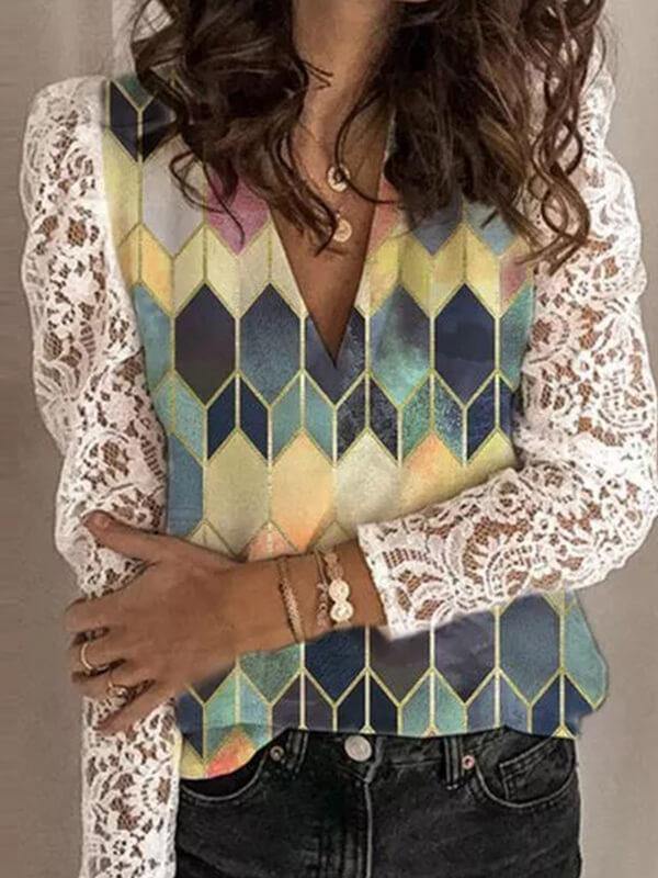 Long-Sleeved V-Neck Printed Lace Shirt - CHALIER