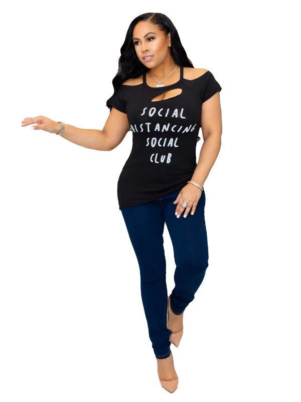 Women Cut Out Letter Printed Cold Shoulder T-Shirt&top - CHALIER