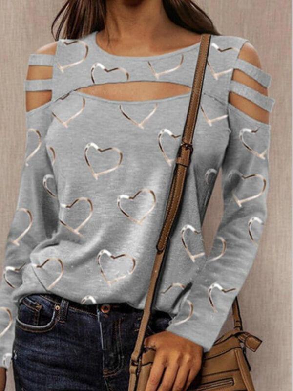 Women Heart Printed Cut Out Long Sleeve Casual T-Shirt - CHALIER