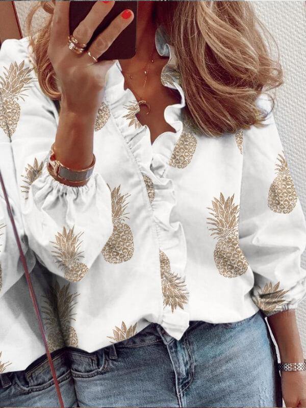 Ladies Cotton Long-Sleeve Ruffle Printed Blouse - CHALIER