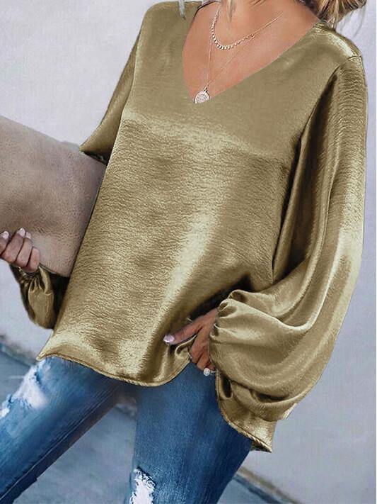 Ladies Long Sleeve V Neck Solid Top&T-shirt - CHALIER