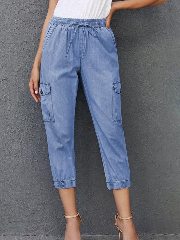 Chalier Sky Blue Drawstring Cargo Pocketed Joggers - CHALIER