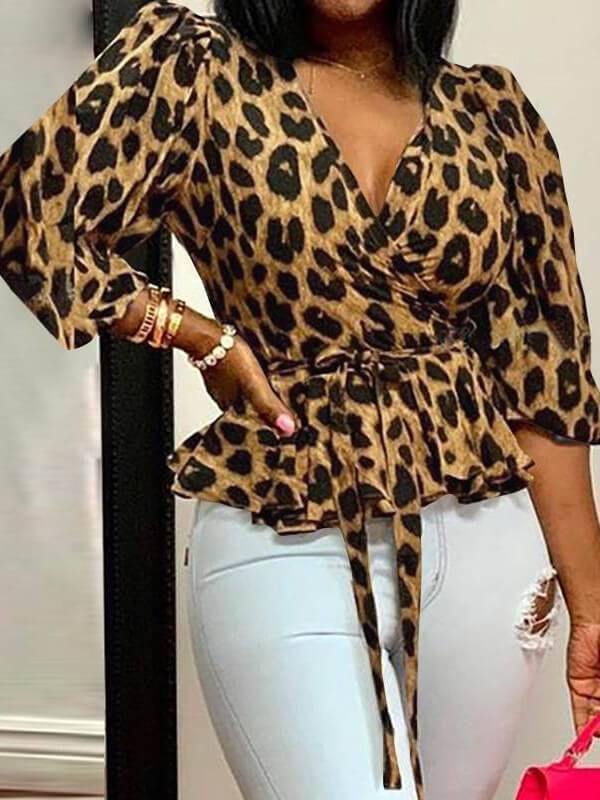 Women's Plus Size Leopard Print V Neck Top - CHALIER