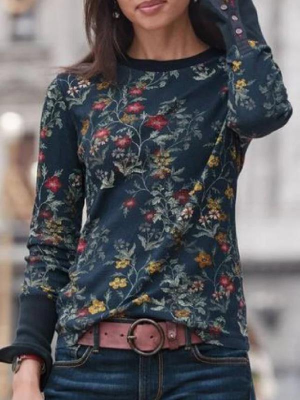Women Black Printed Casual Long Sleeve Round Neck Blouse - CHALIER