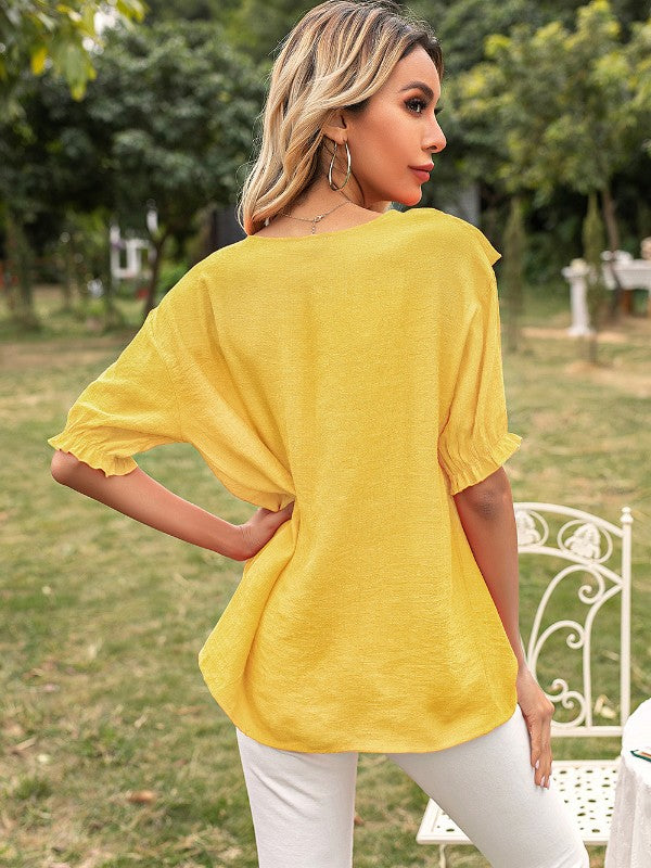 Women Ruffle Crew Neck Short Sleeve T-Shirt