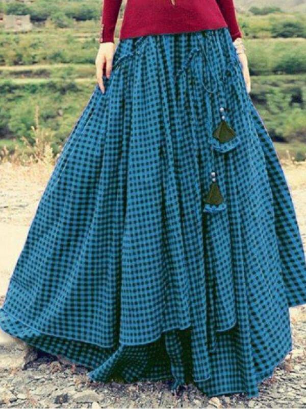 Chailer Casual Skirt Horizontal Stripes Slimming Gingham Skirts - CHALIER