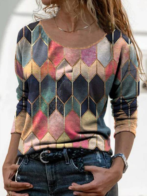 Women's Long Sleeve Round Neck Retro Printed Casual T-shirt - CHALIER