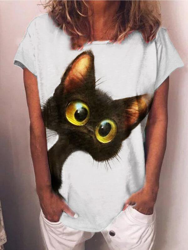 Cat Printed Plus Size Short Sleeve Casual Top - CHALIER