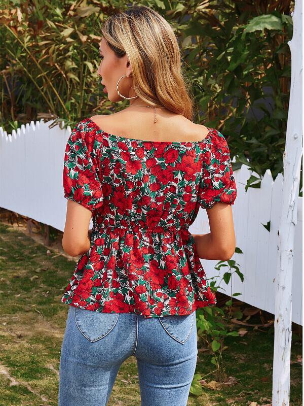 Floral Printed Short Sleeve Top&T-Shirt - CHALIER