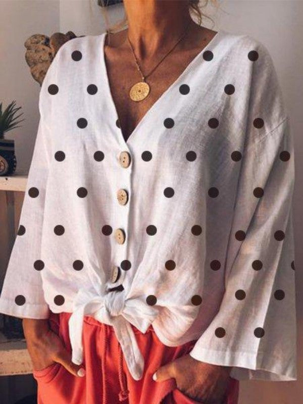 Women Polka Dot Printed V Neck Casual Blouse