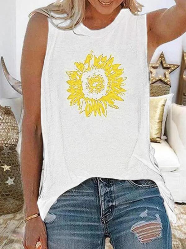 Women Crew Neck Sunflower-Print Sleeveless Casual Tank Tops - CHALIER