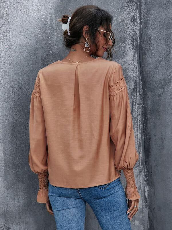 Women Lantern Sleeve V Neck Loose Casual Top&Shirt - CHALIER