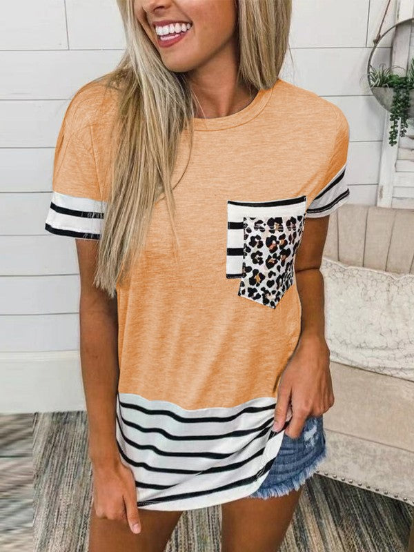 Women Striped Stitch Short Sleeve T-Shirt