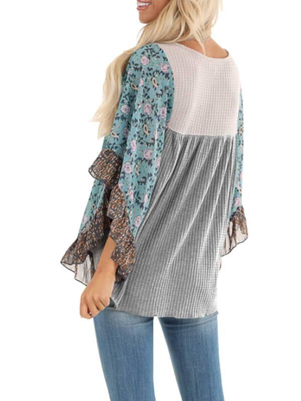 Batwing Sleeve Print Color Block Top - CHALIER