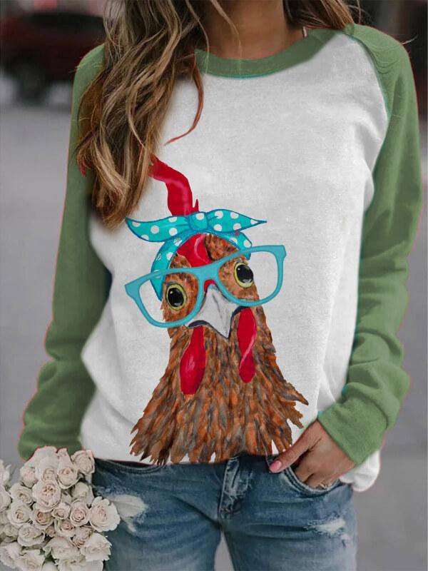 Women's Chicken with Bandana Printed Color Block Sweatshirt - CHALIER