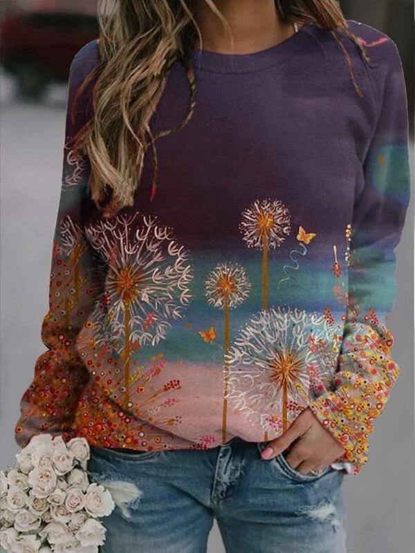 Women Dandelion Print Long Sleeve Casual Sweatshirts - CHALIER